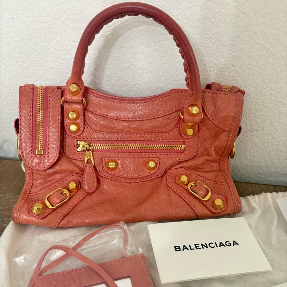 Balenciaga Coral Pink Leather city mini bag with Gold Hardware